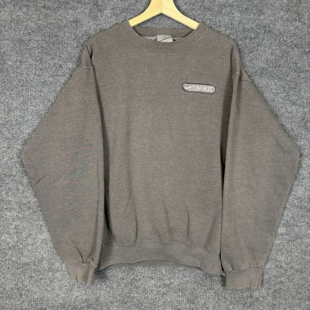 Vintage Nike Crewneck Mens Size L Gray Fleece Pullover Y2K 90s Embroidered Baggy